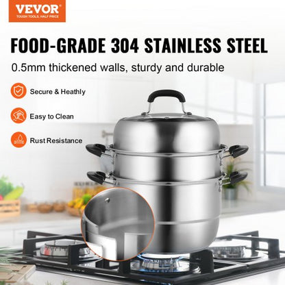 Steamer Pot 11in/28cm, 3-Tier Steamer Pot for Cooking with 8.5QT Stock Pot, Vegetable Steamer &amp; 2 Steam Tray, Food-Grade 304 Stainless Steel Food Steamer Cookware for Gas Electric Stove Grill | EU