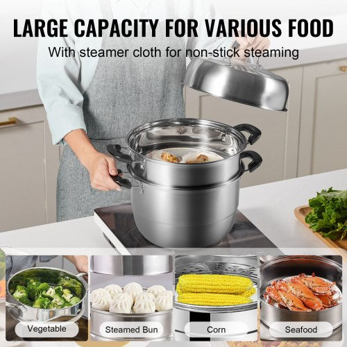 Steamer Pot 11in/28cm, 3-Tier Steamer Pot for Cooking with 8.5QT Stock Pot, Vegetable Steamer &amp; 2 Steam Tray, Food-Grade 304 Stainless Steel Food Steamer Cookware for Gas Electric Stove Grill | EU