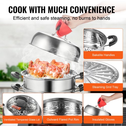 Steamer Pot 11in/28cm, 3-Tier Steamer Pot for Cooking with 8.5QT Stock Pot, Vegetable Steamer &amp; 2 Steam Tray, Food-Grade 304 Stainless Steel Food Steamer Cookware for Gas Electric Stove Grill | EU