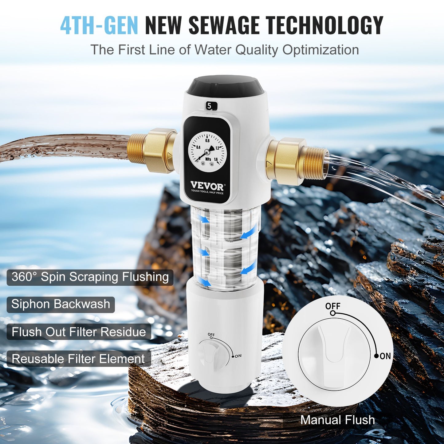 Spin Down-filter, 40 mikron helhussedimentfilter för brunnsvatten, 3/4" GM + 1" GM + 3/4" GF, 4 T/H hög flödeshastighet, för vattenfiltreringssystem i hela huset, brunnsvattensedimentfilter