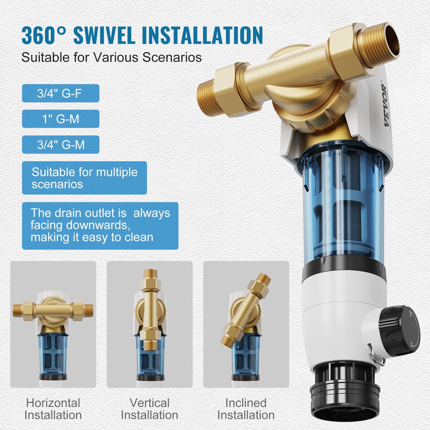 Spin Down-filter, 40 mikron helhussedimentfilter för brunnsvatten, 3/4" GM + 1" GM + 3/4" GF, 4 T/H hög flödeshastighet, för vattenfiltreringssystem i hela huset, brunnsvattensedimentfilter
