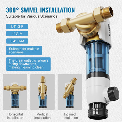 Spin Down-filter, 40 mikron helhussedimentfilter för brunnsvatten, 3/4" GM + 1" GM + 3/4" GF, 4 T/H hög flödeshastighet, för vattenfiltreringssystem i hela huset, brunnsvattensedimentfilter