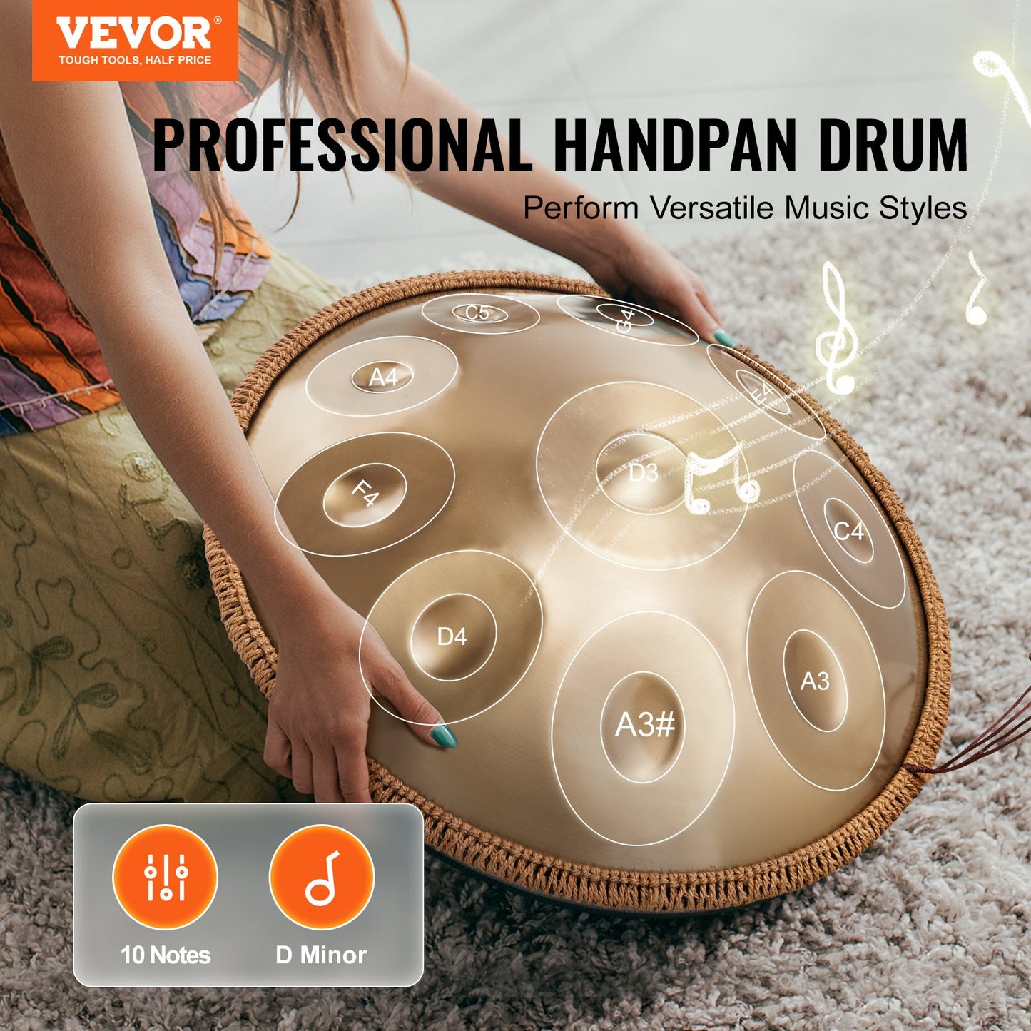 Handpan Drum 22 in 10 notes D minor Handpan Drum Instrument with Template