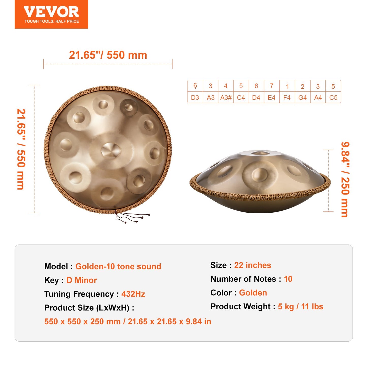 Handpan Drum 22 in 10 notes D minor Handpan Drum Instrument with Template