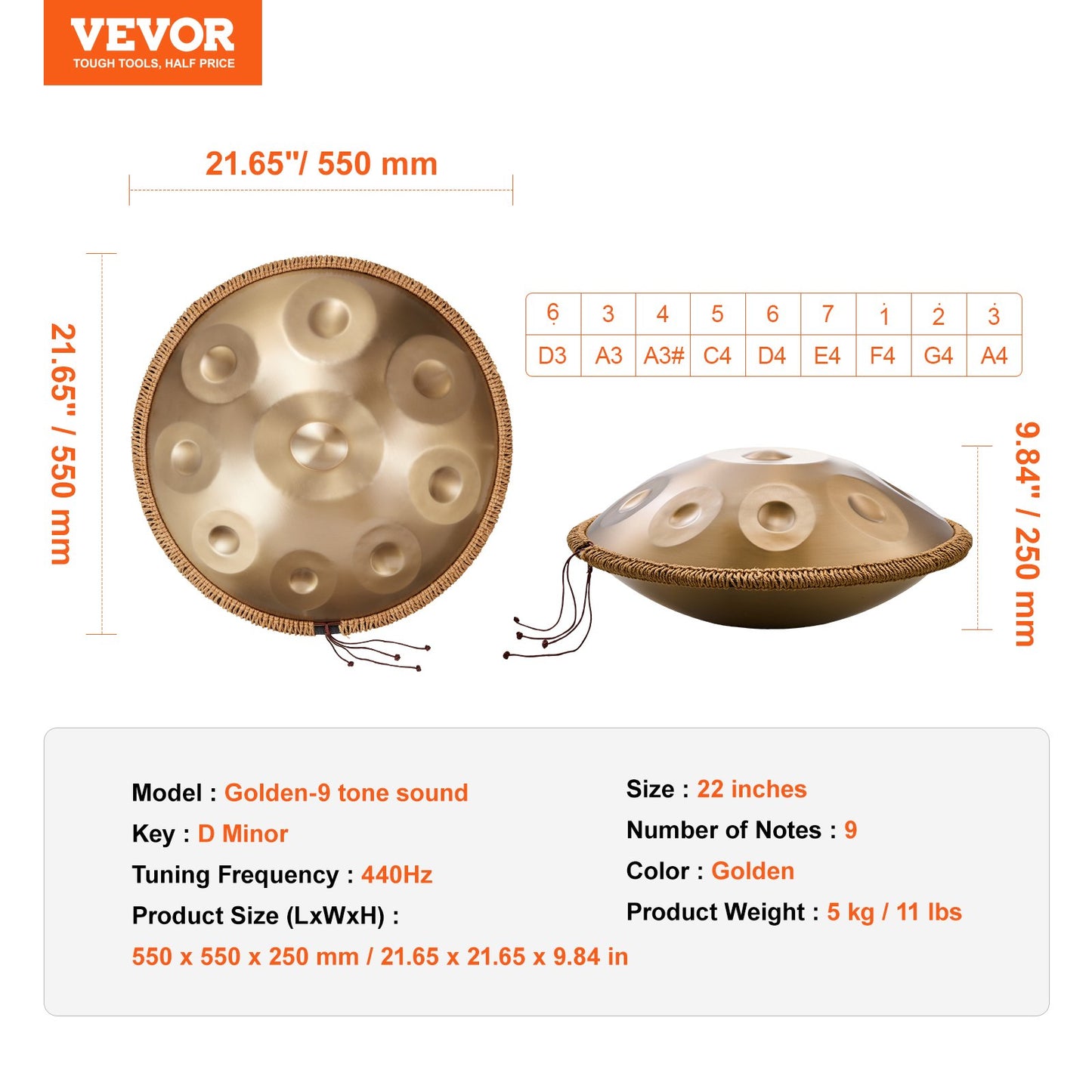 Handpan Trumma 22 in 9 Notes D Minor Steel Handtrumma med klubbor för vuxna