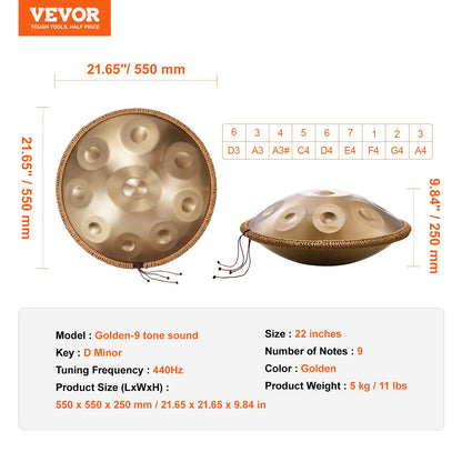 Handpan Trumma 22 in 9 Notes D Minor Steel Handtrumma med klubbor för vuxna