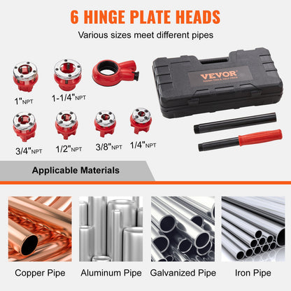 Ratchet Pipe Threader Kit, 1/4" NPT - 1-1/4" NPT Manual Ratchet Pipe Threader, Portable Pipe Threading Tool Set with 6 PCS NPT Nozzles, Storage Case for Galvanized Aluminum Iron Copper Pipes