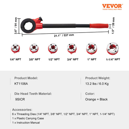 Ratchet Pipe Threader Kit, 1/4" NPT - 1-1/4" NPT Manual Ratchet Pipe Threader, Portable Pipe Threading Tool Set with 6 PCS NPT Nozzles, Storage Case for Galvanized Aluminum Iron Copper Pipes