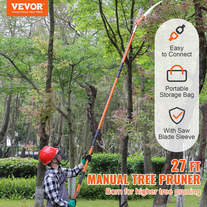 Manual Pole Saw, 7.3-27ft Extendable Tree Pruner, Sharp Steel Blade and Scissors High Branch Trimming, Branch Trimmer with 8 Lightweight Fiberglass Handles, for Palm and Shrub Pruning