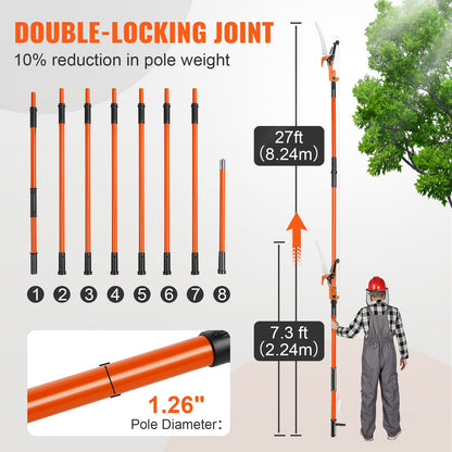 Manual Pole Saw, 7.3-27ft Extendable Tree Pruner, Sharp Steel Blade and Scissors High Branch Trimming, Branch Trimmer with 8 Lightweight Fiberglass Handles, for Palm and Shrub Pruning