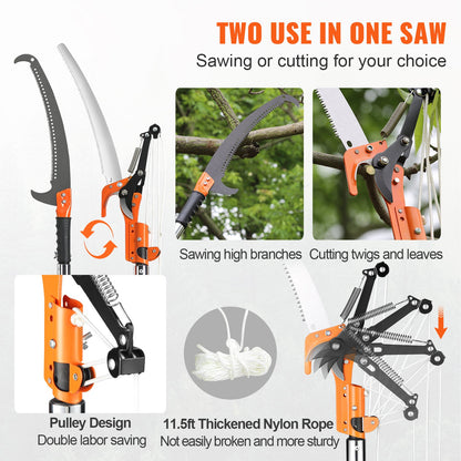 Manual Pole Saw, 7.3-27ft Extendable Tree Pruner, Sharp Steel Blade and Scissors High Branch Trimming, Branch Trimmer with 8 Lightweight Fiberglass Handles, for Palm and Shrub Pruning