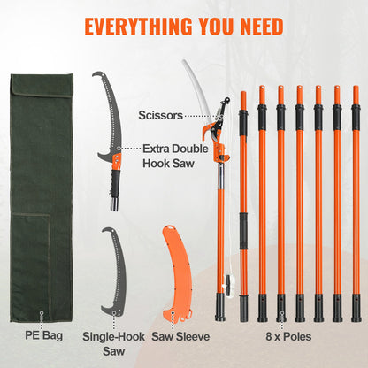 Manual Pole Saw, 7.3-27ft Extendable Tree Pruner, Sharp Steel Blade and Scissors High Branch Trimming, Branch Trimmer with 8 Lightweight Fiberglass Handles, for Palm and Shrub Pruning