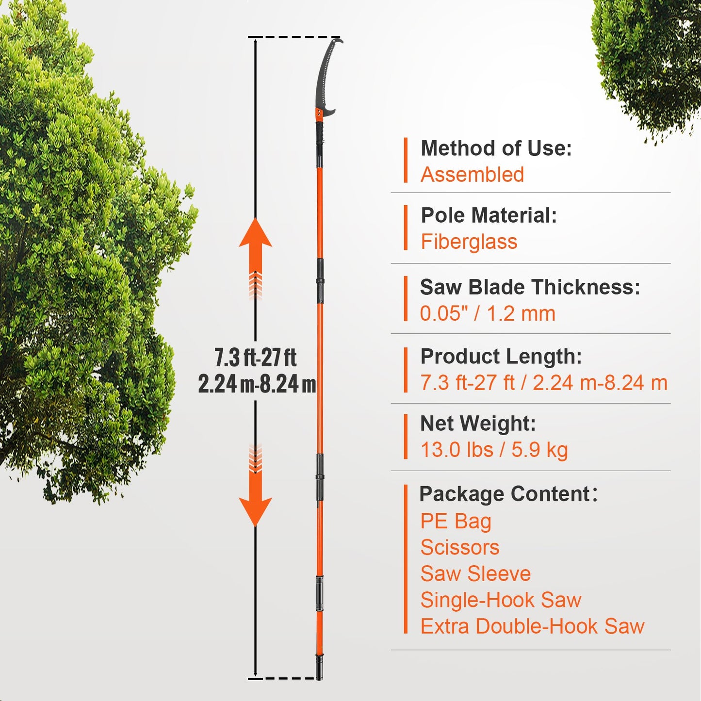 Manual Pole Saw, 7.3-27ft Extendable Tree Pruner, Sharp Steel Blade and Scissors High Branch Trimming, Branch Trimmer with 8 Lightweight Fiberglass Handles, for Palm and Shrub Pruning