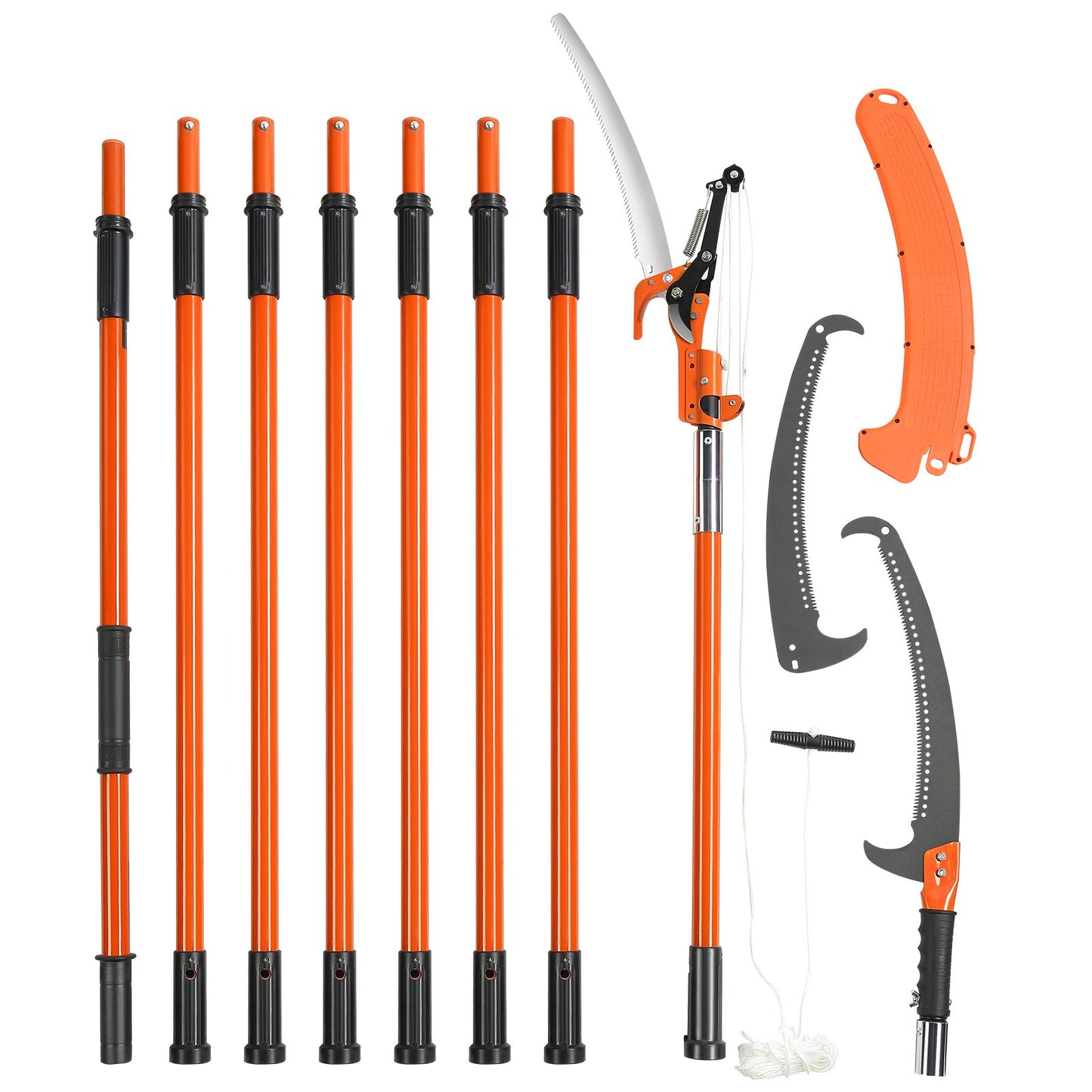 Manual Pole Saw, 7.3-27ft Extendable Tree Pruner, Sharp Steel Blade and Scissors High Branch Trimming, Branch Trimmer with 8 Lightweight Fiberglass Handles, for Palm and Shrub Pruning
