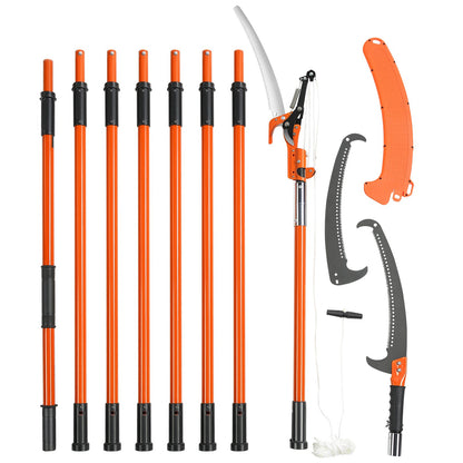 Manual Pole Saw, 7.3-27ft Extendable Tree Pruner, Sharp Steel Blade and Scissors High Branch Trimming, Branch Trimmer with 8 Lightweight Fiberglass Handles, for Palm and Shrub Pruning