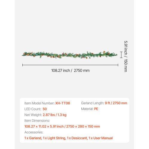 2.7 m Christmas garland with string lights, red berries, pine cones and needles | EU