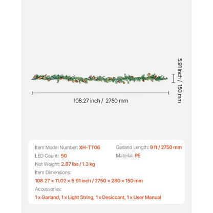2.7 m Christmas garland with string lights, red berries, pine cones and needles | EU