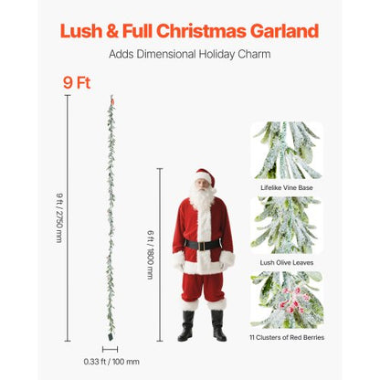 2.7 m Christmas garland with artificial vines, berries, olive leaves and string lights | EU