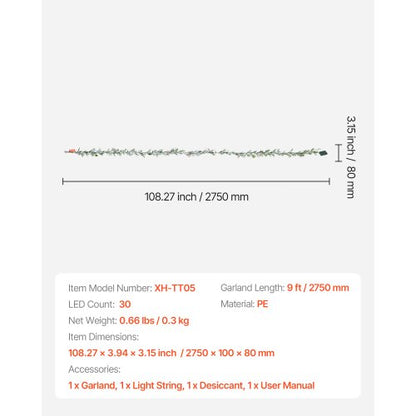 2.7 m Christmas garland with artificial vines, berries, olive leaves and string lights | EU