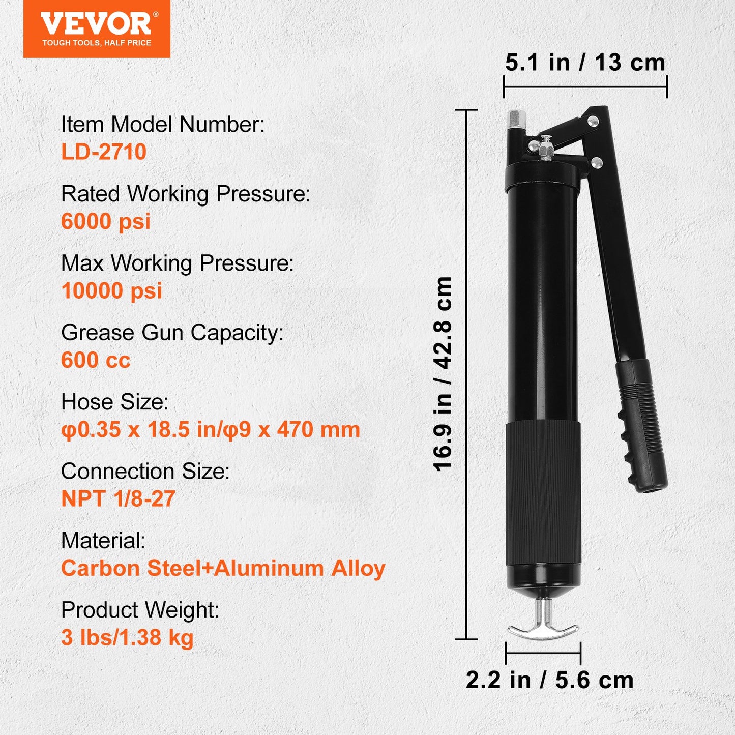 Fettpistol, 10000 PSI Max. Arbetstryck, 20 OZ / 600 CC Kapacitet Heavy Duty Spak Action Grease Gun Kit, inkluderar 18,5 tum flexibel slang, 2 svarta platta kopplingar och 1 raka metallrör