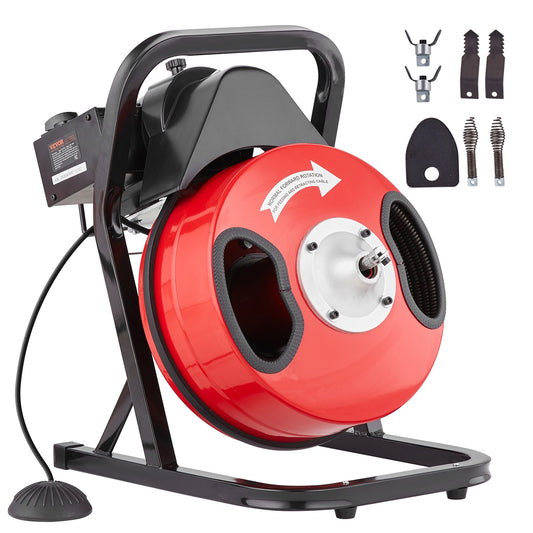 Sewer Cleaning Machine 50FT x 1/2 Inch Manual Feed Worm Auger with 4 Cutters