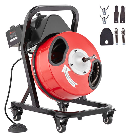 Sewer Cleaning Machine 50FT x 1/2 Inch Manual Feeding Worm Auger with Wheels