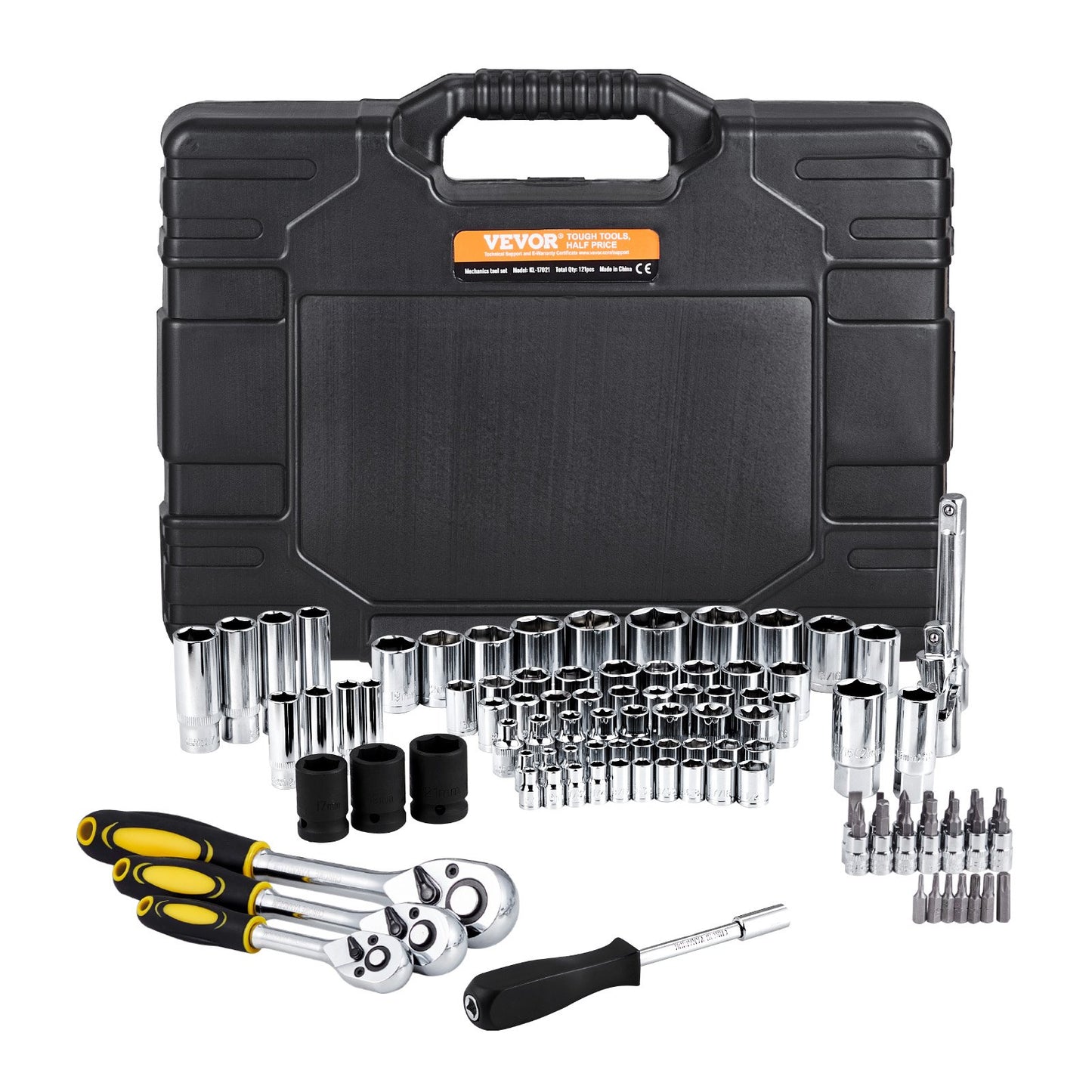121-piece mechanics tool set 1/4" 3/8" 1/2" drive socket SAE and metric