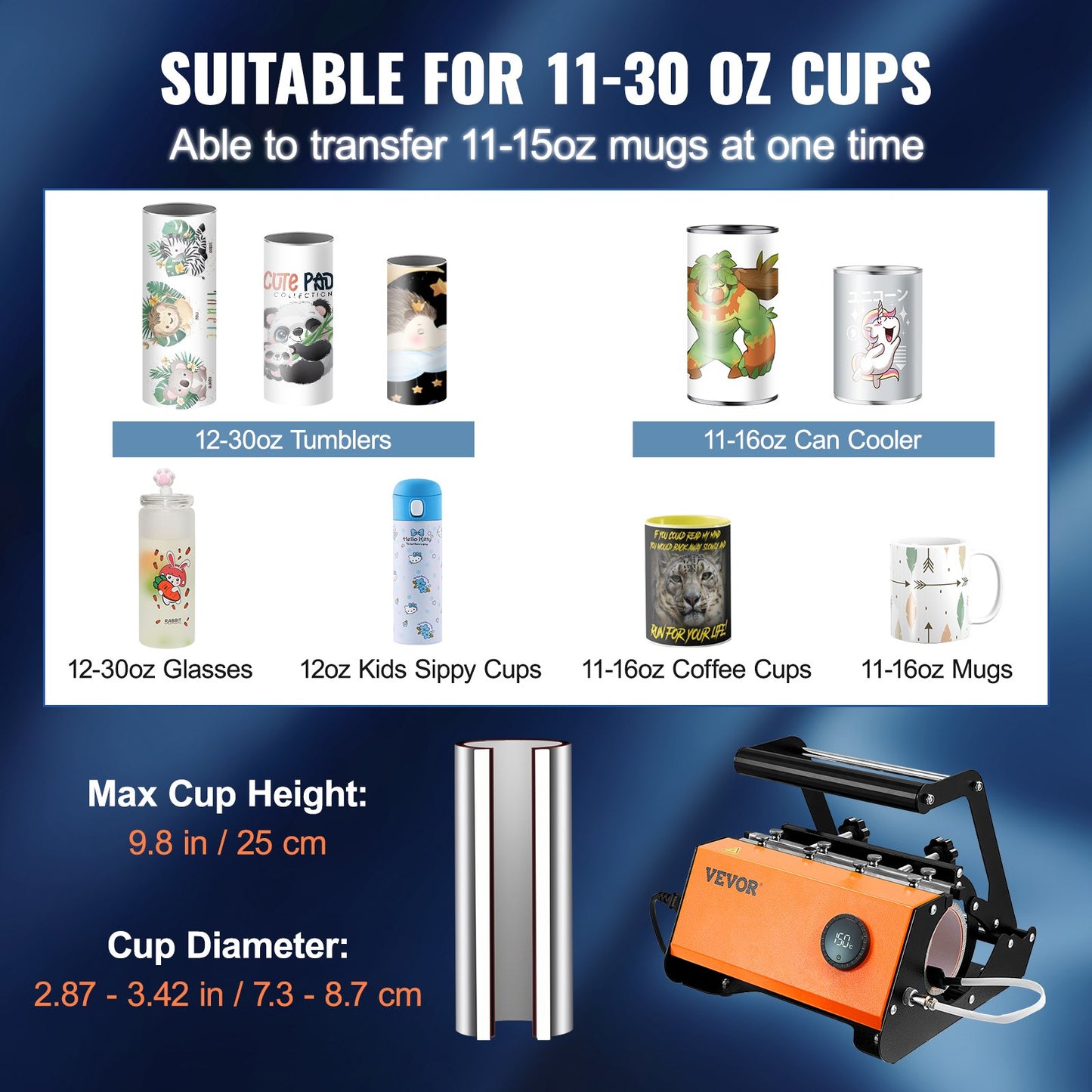 Mug Heat Press, 30 oz Tumbler Heat Press Machine, Sublimation Transfer 11-15oz 16-25oz 30oz Raka Skinny Tumblers, Cup Heat Press med värmebeständiga handskar och tejp, DIY keramiska muggar Koppar Glasögon