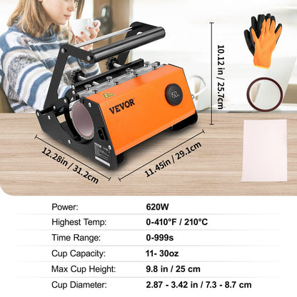 Mug Heat Press, 30 oz Tumbler Heat Press Machine, Sublimation Transfer 11-15oz 16-25oz 30oz Raka Skinny Tumblers, Cup Heat Press med värmebeständiga handskar och tejp, DIY keramiska muggar Koppar Glasögon