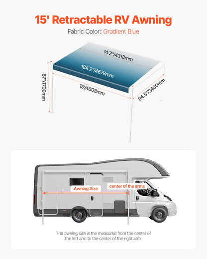 15' RV Replacement Awning Manual Trailer Awning for Most DC12V RVs