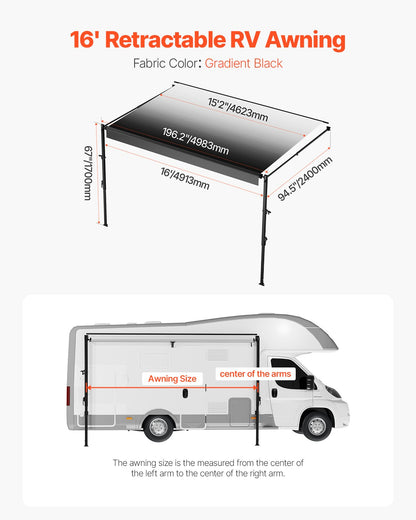 16' RV Replacement Awning Manual Trailer Awning for Most DC12V RVs