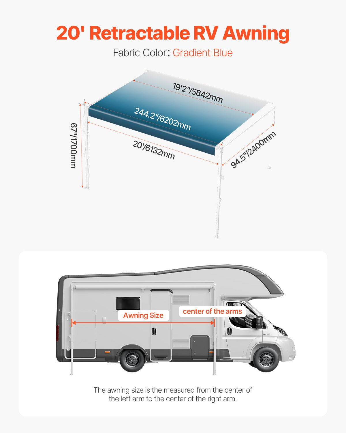 20' RV Replacement Awning Manual Trailer Awning for Most DC12V RVs