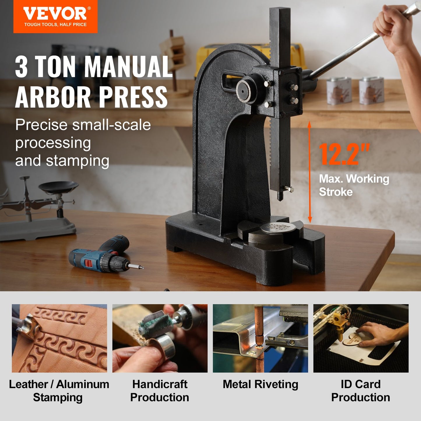 Arborpress, 3 ton manuell arborpress, 12,2" maxhöjd, gjutjärn Kraftig manuell bordsarborpress, precisionshandpress för stämpling, bockning, sträckning, formning