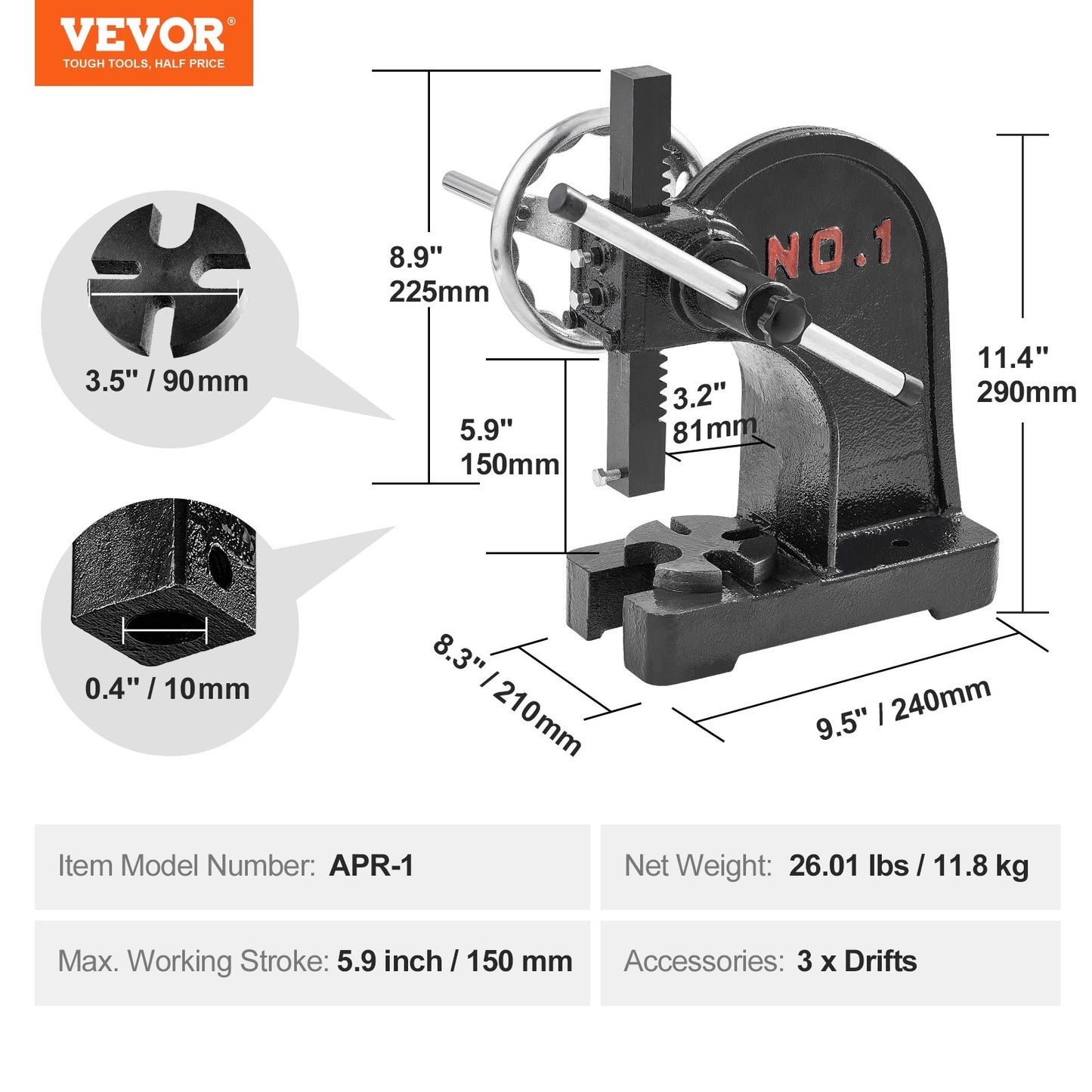 Arbor Press 1 Ton Nitpressmaskin med handhjul gjutjärnsenhet