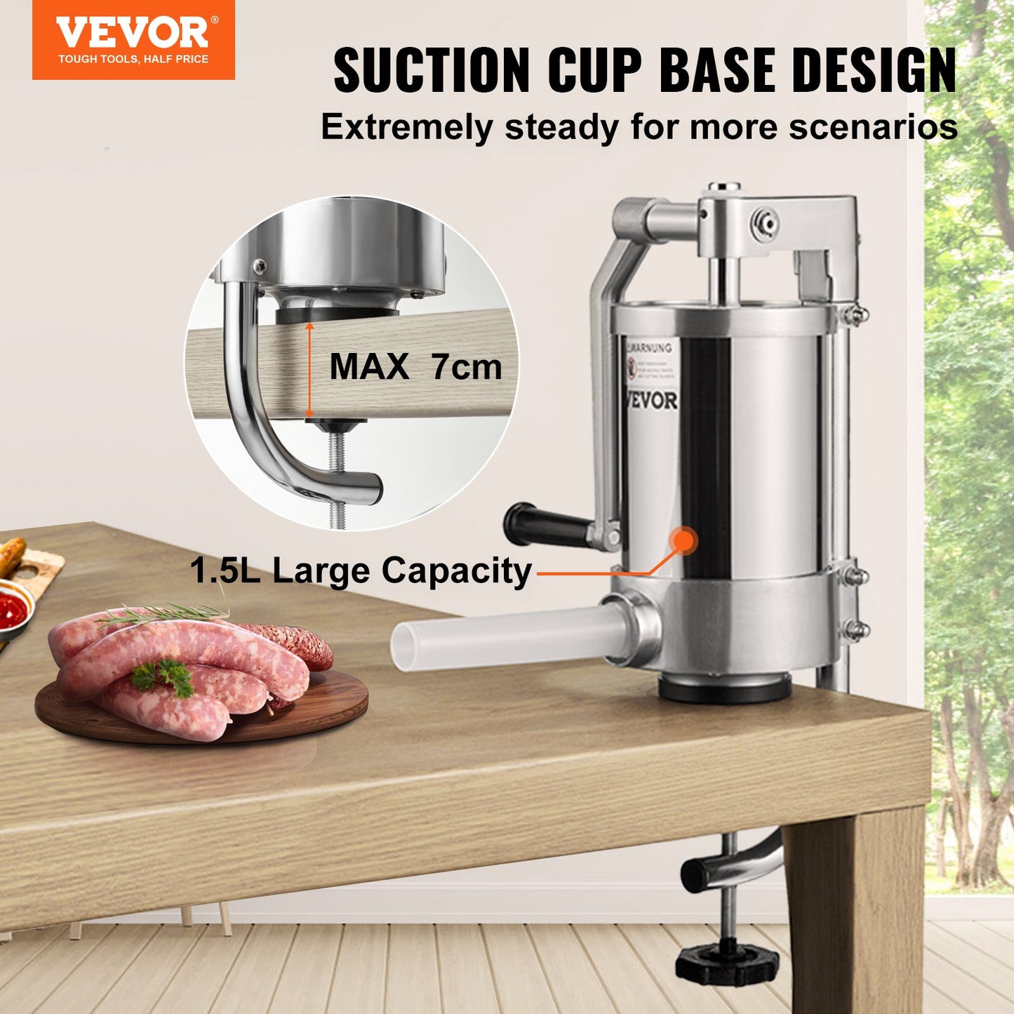 Sausage Stuffer, 2.5LBS/1.5L Capacity, 304 Stainless Steel Vertical Sausage Stuffer, Sausage Filling Machine with 3 Filling Tubes, Suction Base and Manual Crank for Home or Commercial Use
