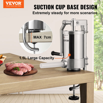 Sausage Stuffer, 2.5LBS/1.5L Capacity, 304 Stainless Steel Vertical Sausage Stuffer, Sausage Filling Machine with 3 Filling Tubes, Suction Base and Manual Crank for Home or Commercial Use