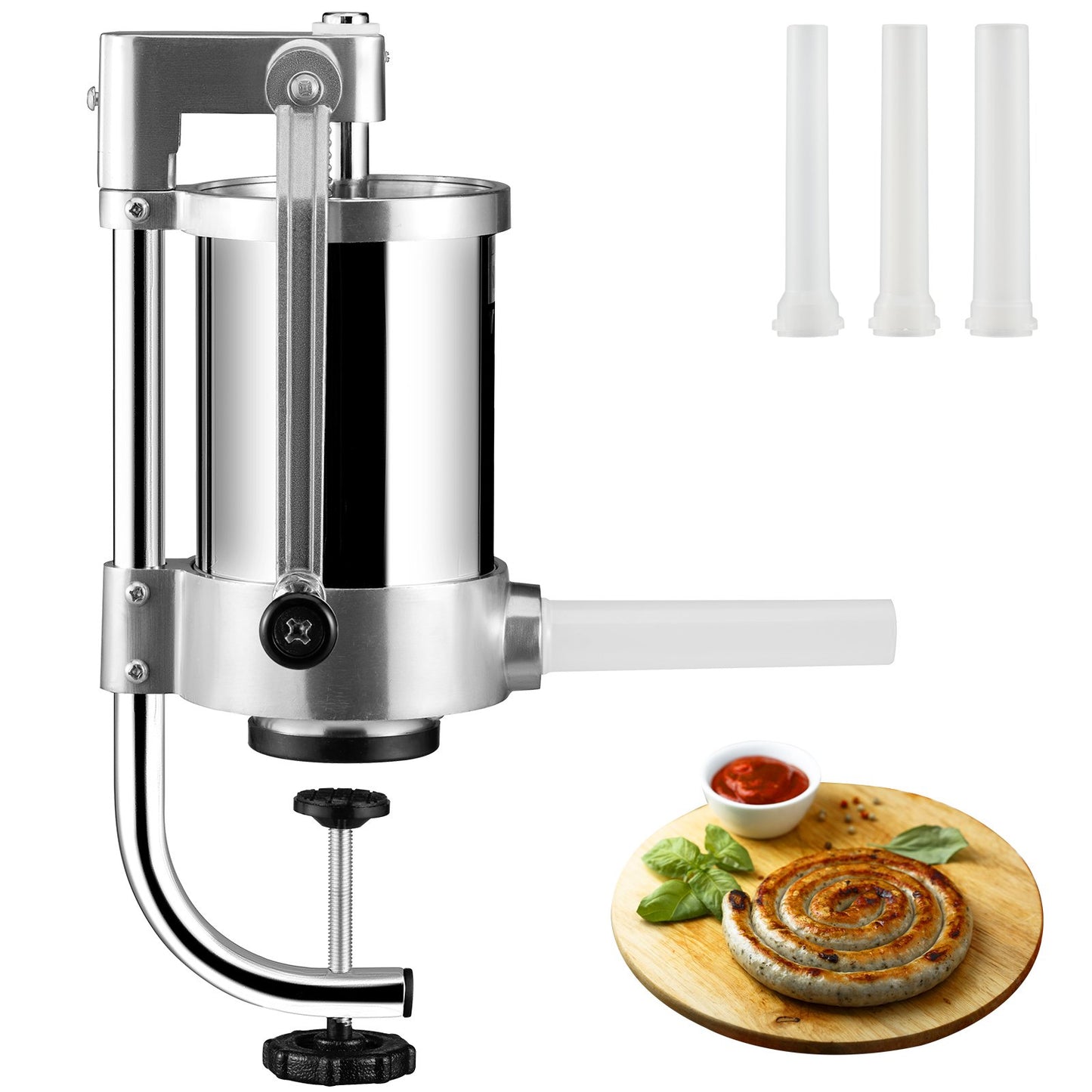 Sausage Stuffer, 2.5LBS/1.5L Capacity, 304 Stainless Steel Vertical Sausage Stuffer, Sausage Filling Machine with 3 Filling Tubes, Suction Base and Manual Crank for Home or Commercial Use