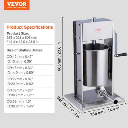 Manual Sausage Stuffer 10 L Vertical Sausage Maker 304 Stainless Steel