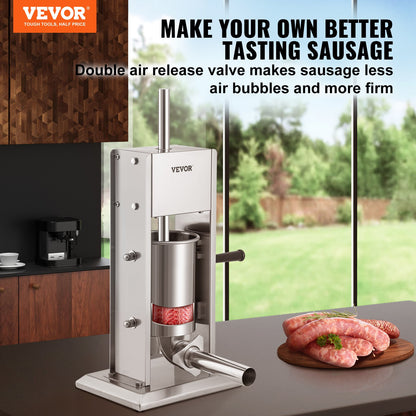Manual Sausage Stuffer, 5LBS/3L Capacity, Two-Speed 304 Stainless Steel Vertical Sausage Stuffer, Sausage Filling Machine with 4 Filling Tubes, Suction Base for Home or Commercial Use