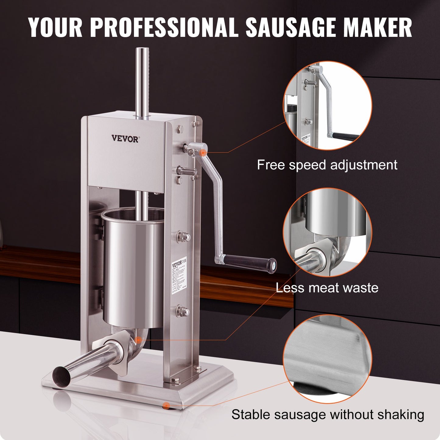 Manual Sausage Stuffer, 5LBS/3L Capacity, Two-Speed 304 Stainless Steel Vertical Sausage Stuffer, Sausage Filling Machine with 4 Filling Tubes, Suction Base for Home or Commercial Use