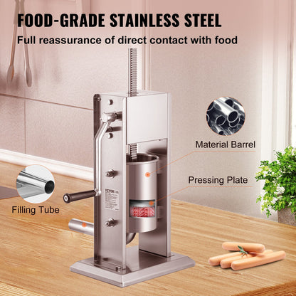 Manual Sausage Stuffer, 5LBS/3L Capacity, Two-Speed 304 Stainless Steel Vertical Sausage Stuffer, Sausage Filling Machine with 4 Filling Tubes, Suction Base for Home or Commercial Use