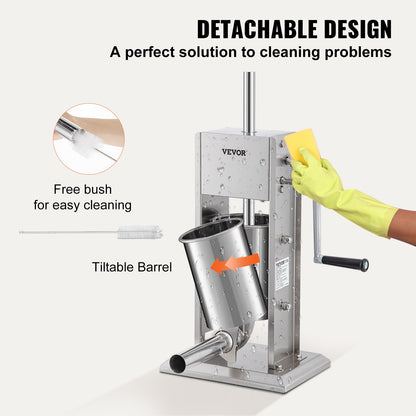 Manual Sausage Stuffer, 5LBS/3L Capacity, Two-Speed 304 Stainless Steel Vertical Sausage Stuffer, Sausage Filling Machine with 4 Filling Tubes, Suction Base for Home or Commercial Use