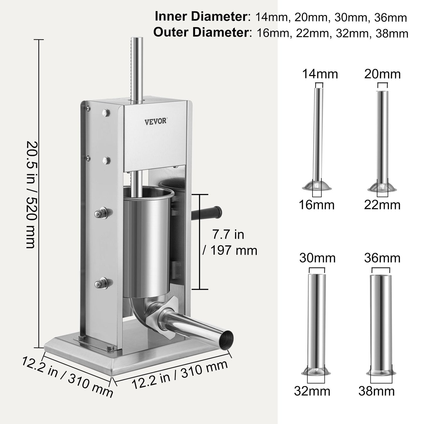 Manual Sausage Stuffer, 5LBS/3L Capacity, Two-Speed 304 Stainless Steel Vertical Sausage Stuffer, Sausage Filling Machine with 4 Filling Tubes, Suction Base for Home or Commercial Use