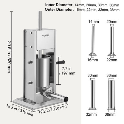 Manual Sausage Stuffer, 5LBS/3L Capacity, Two-Speed 304 Stainless Steel Vertical Sausage Stuffer, Sausage Filling Machine with 4 Filling Tubes, Suction Base for Home or Commercial Use