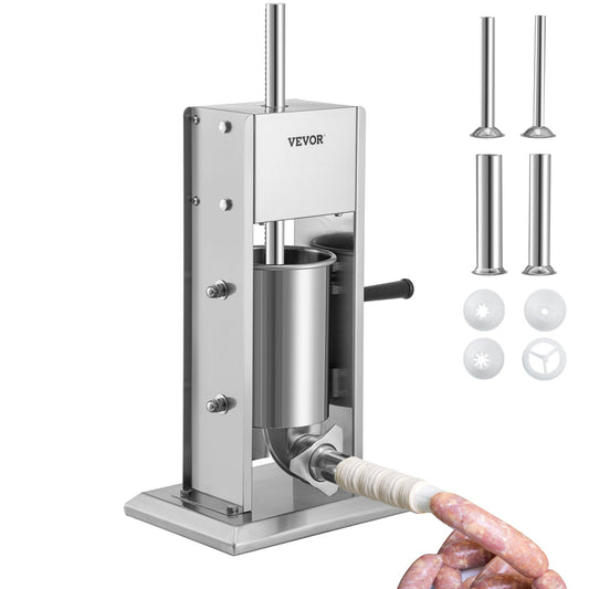 Manual Sausage Stuffer, 5LBS/3L Capacity, Two-Speed 304 Stainless Steel Vertical Sausage Stuffer, Sausage Filling Machine with 4 Filling Tubes, Suction Base for Home or Commercial Use
