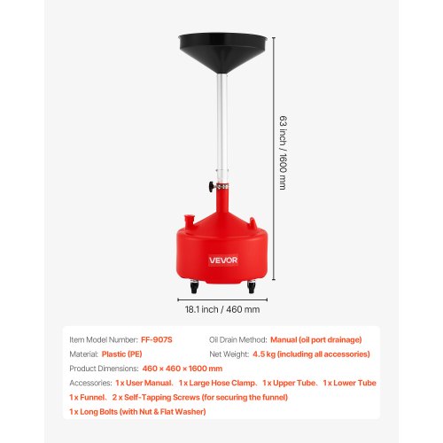 30L spilloljeavtappningstank, industriell vätskeavtappningstank med justerbar tratthöjd, bärbar oljetråg med hjul, dränering av vätskebränsle för bilverkstäder, garage, röd |  EU