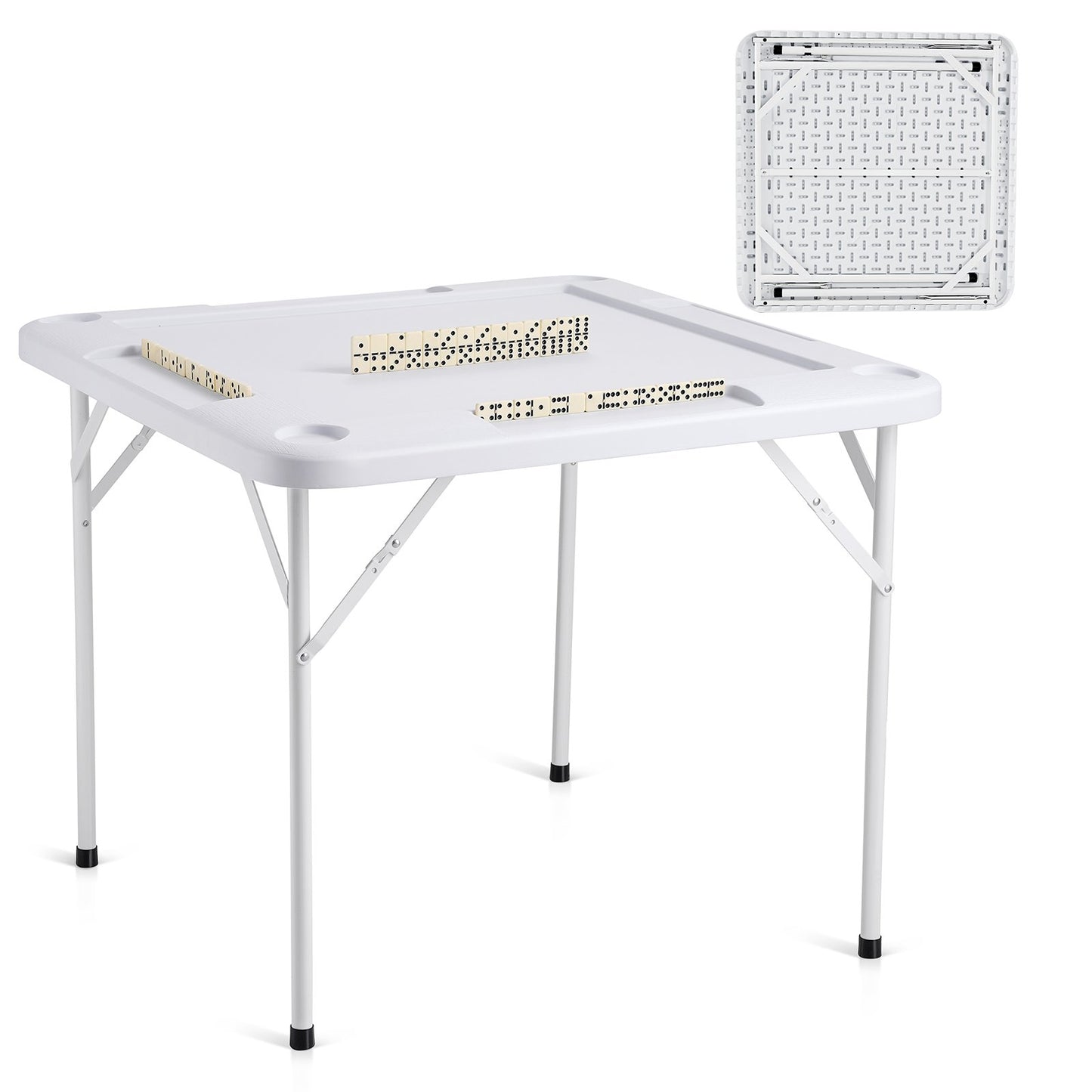 Mahjong-bord 4-spelare hopfällbart kortbord & 4 mugghållare Chipbrickor Vit