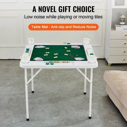 Mahjong bord 4-spelare hopfällbart kortbord & bordsmatta Mugghållare Chipbricka
