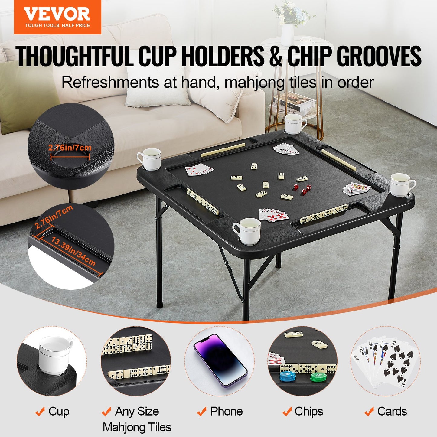 Mahjong Table, Square Folding Card Table for 4 Players with 4 Cup Holders and 4 Chip Trays, Portable Domino Game Table with 1 Set of Dominoes for Mahjong Poke Puzzle, 35.4 x 35.4 inches, Black