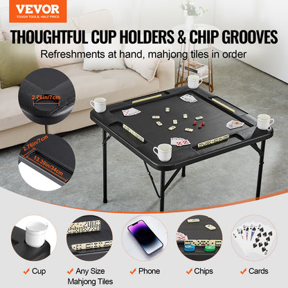 Mahjong Table, Square Folding Card Table for 4 Players with 4 Cup Holders and 4 Chip Trays, Portable Domino Game Table with 1 Set of Dominoes for Mahjong Poke Puzzle, 35.4 x 35.4 inches, Black